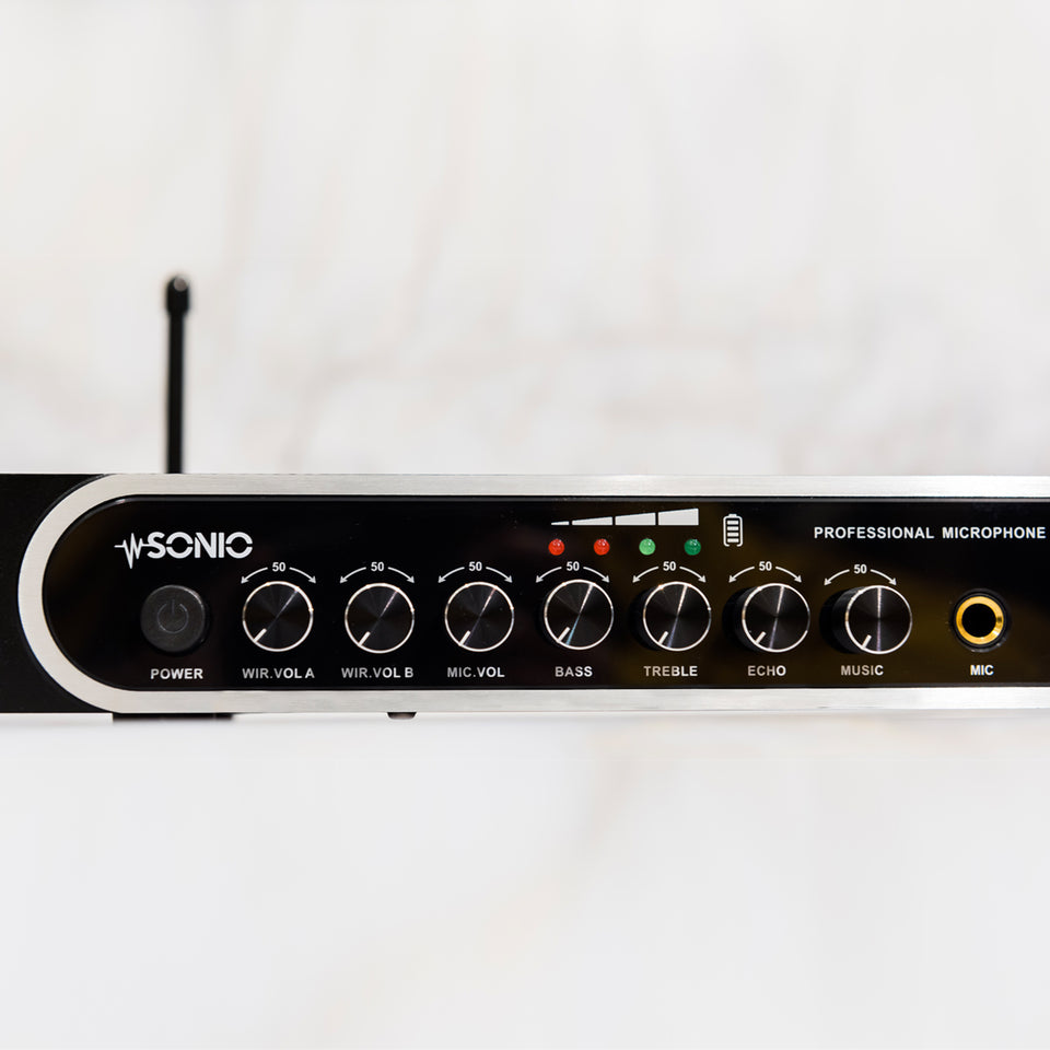 Adjustable Echo, Bass and Treble effect on the microphone voices.  Built-in mixer mixes the mic signal with music signal
